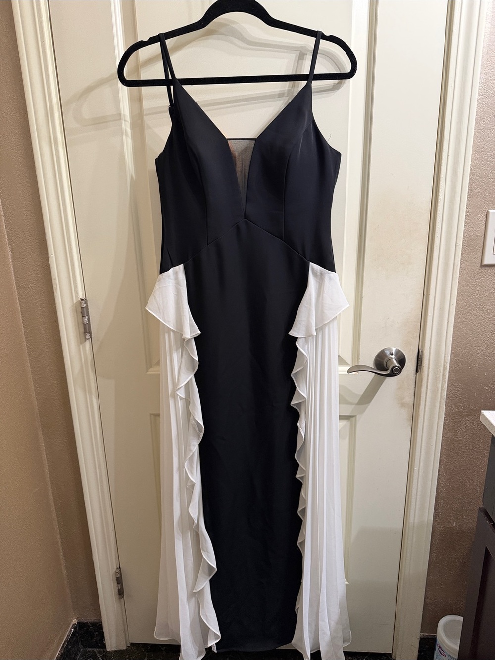 BCBGMaxAzria Black and White Ruffle-Trim Maxi Dress